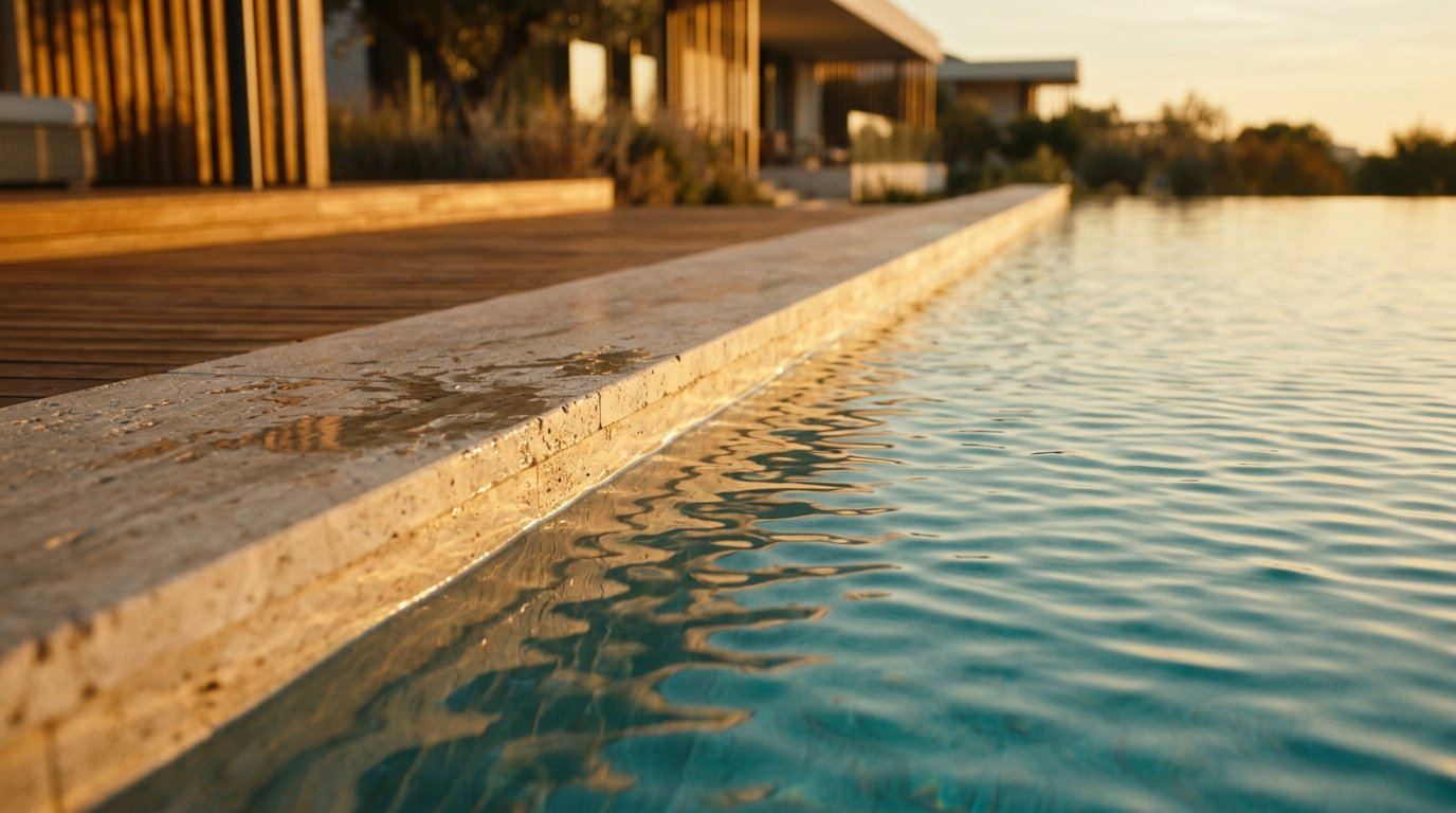 Borde de piscina con reflejos de agua